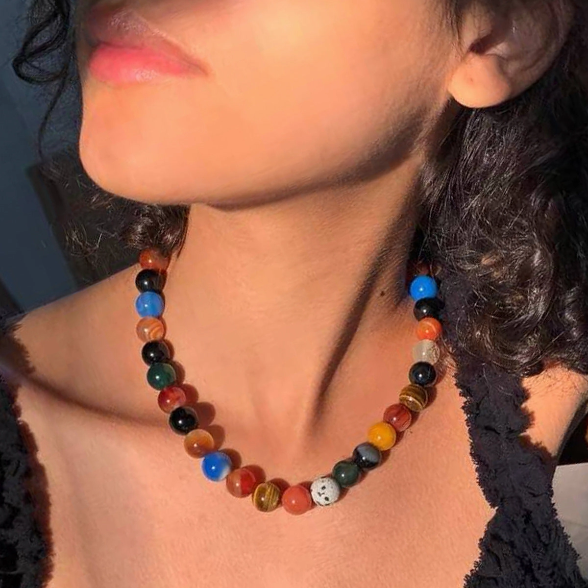 Wholesale  romantic universe planet niche colorful agate stone beaded necklace