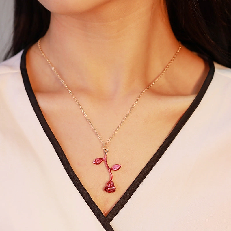 Wholesale Romantic Valentine's Day Rose Stereo Flower Pendant Collarbone Chain