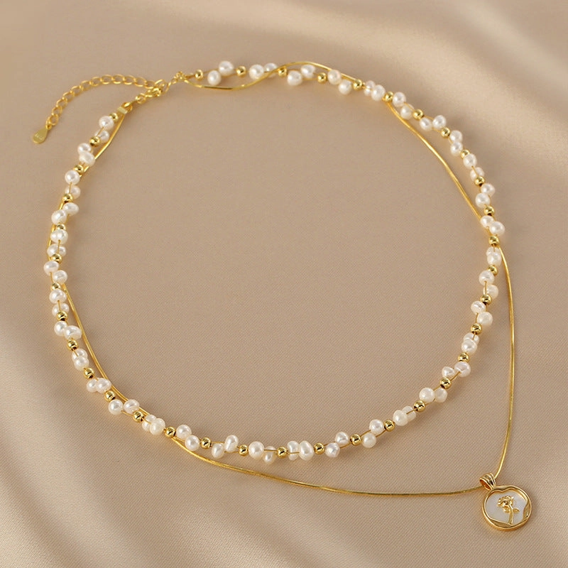 Wholesale Rose flower double pearl necklace clavicle chain