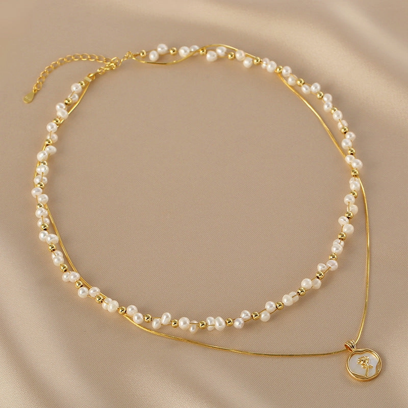 Wholesale Rose flower double pearl necklace clavicle chain