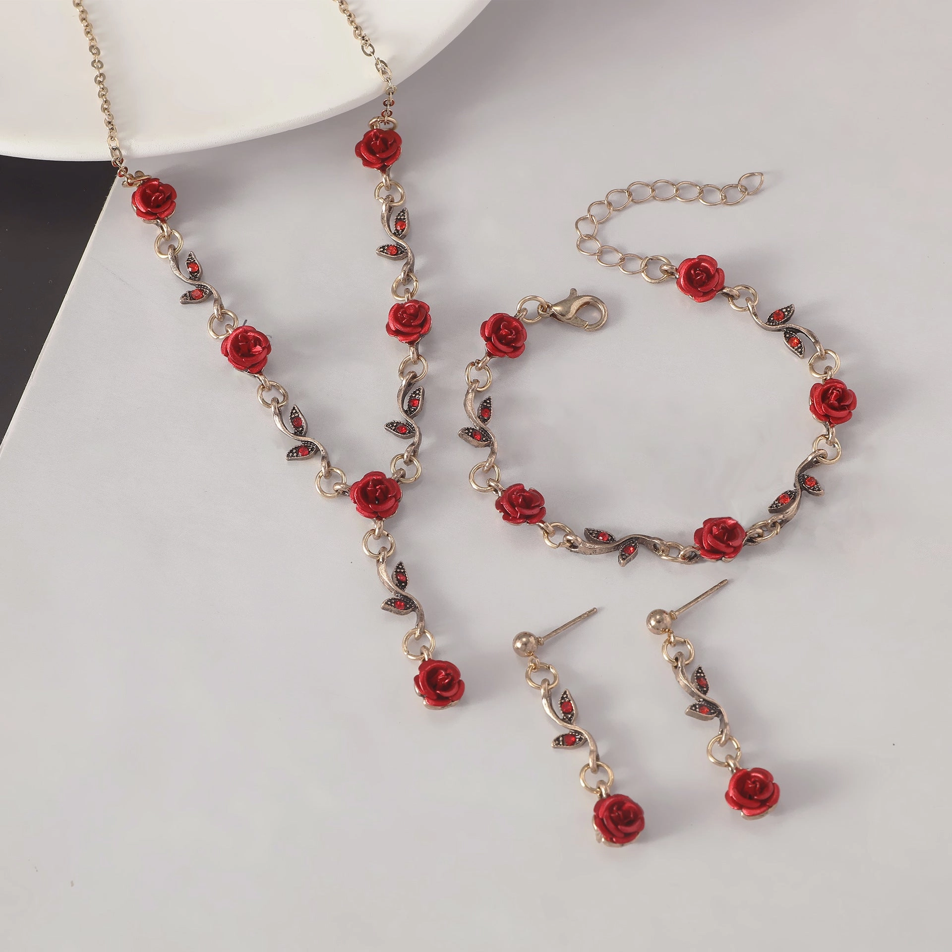 Wholesale Rose Flower Set Personality Elegant Red Rose Necklace Bracelet