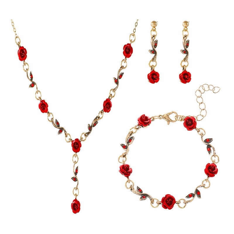 Wholesale Rose Flower Set Personality Elegant Red Rose Necklace Bracelet