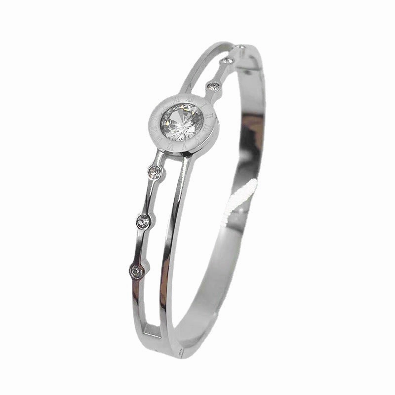 Wholesale Rose Gold Titanium Steel Double Hollow Roman Numeral Single Diamond Bracelet
