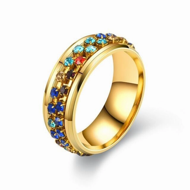 Wholesale Rotatable titanium steel ring Crystal diamond chain rotating couple ring female
