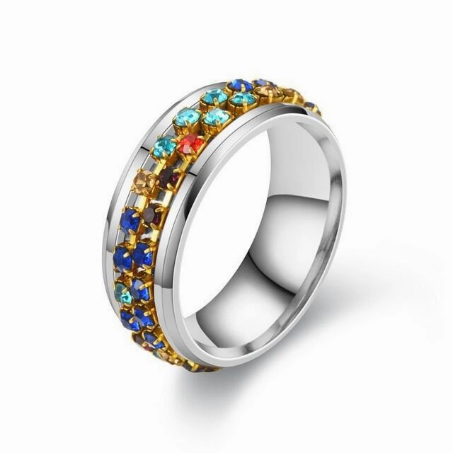 Wholesale Rotatable titanium steel ring Crystal diamond chain rotating couple ring female