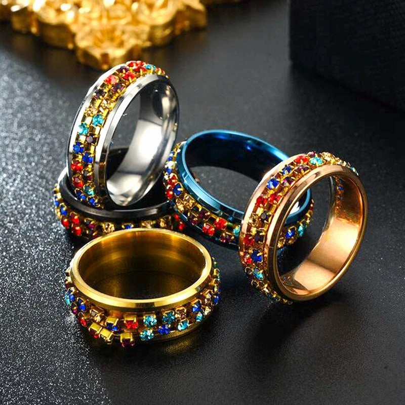 Wholesale Rotatable titanium steel ring Crystal diamond chain rotating couple ring female