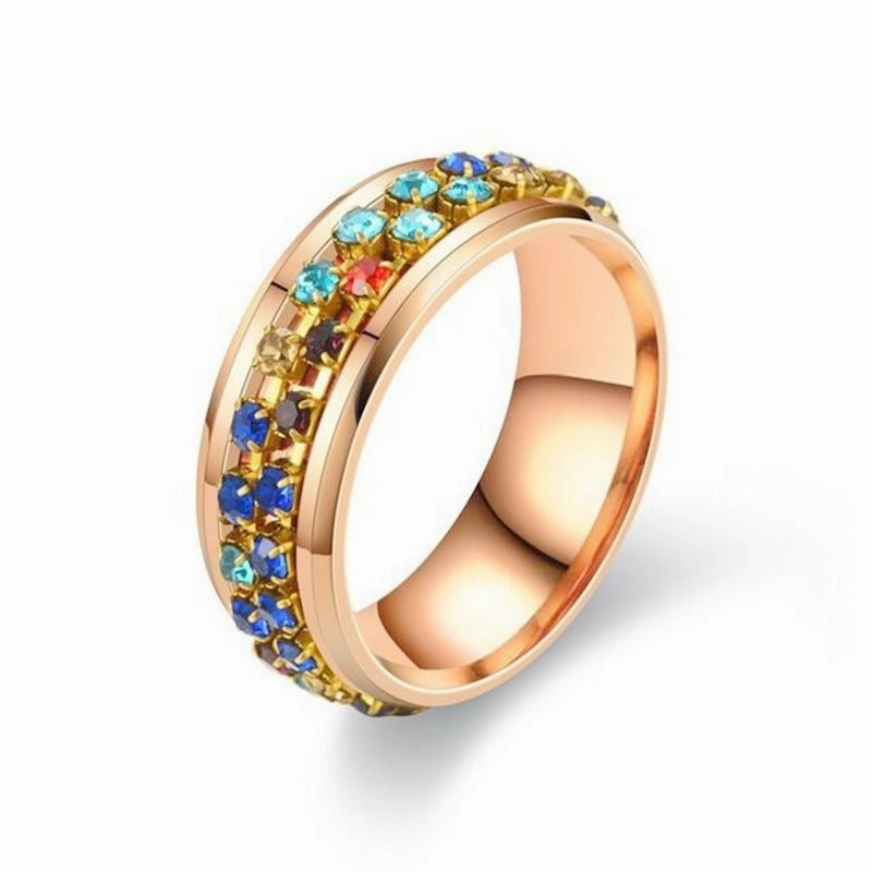 Wholesale Rotatable titanium steel ring Crystal diamond chain rotating couple ring female