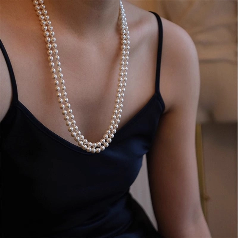 Wholesale Round long pearl necklace retro double layer multi-layer stacking