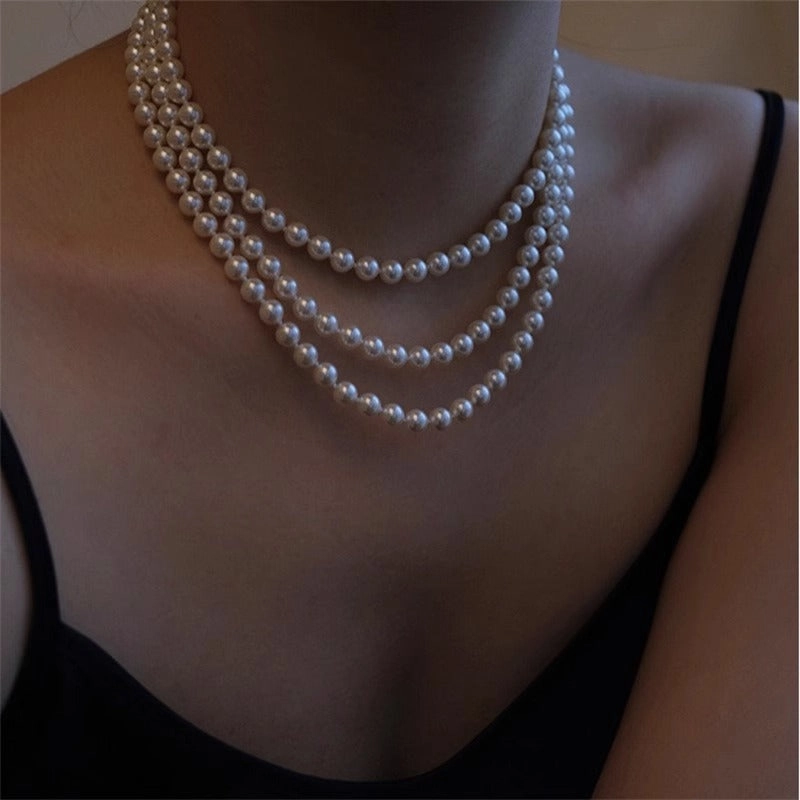 Wholesale Round long pearl necklace retro double layer multi-layer stacking