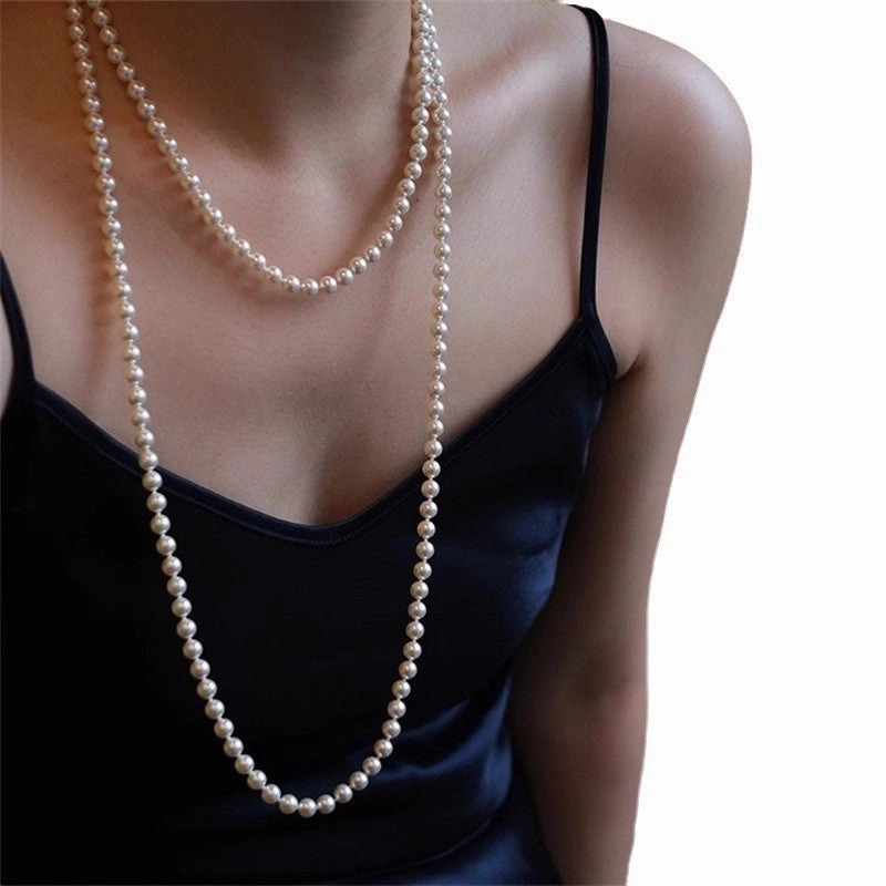 Wholesale Round long pearl necklace retro double layer multi-layer stacking