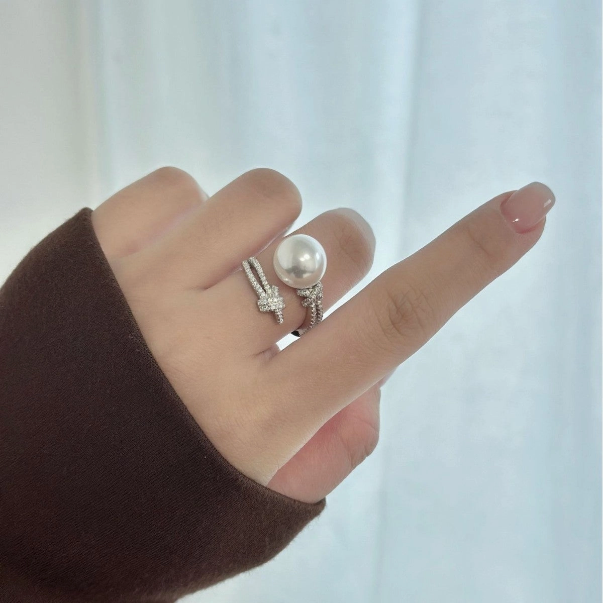 Wholesale S925 Silver Heavy Industry Full Diamond Winding White Single Pearl Ring Women's  Open Ring