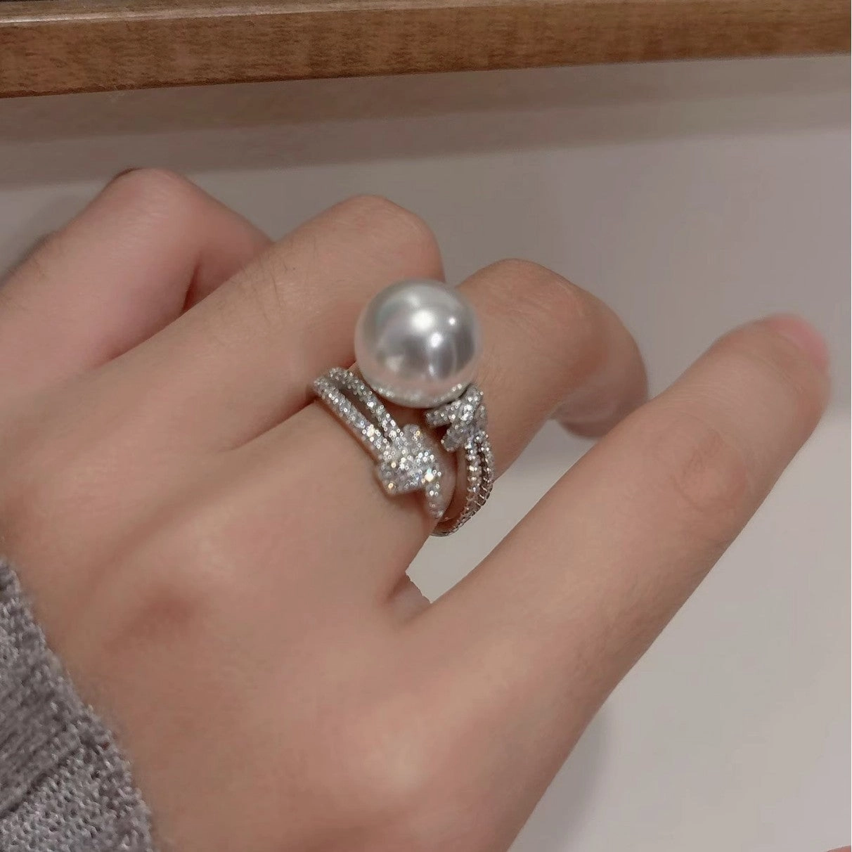Wholesale S925 Silver Heavy Industry Full Diamond Winding White Single Pearl Ring Women's  Open Ring
