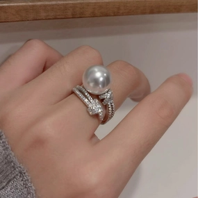 Wholesale S925 Silver Heavy Industry Full Diamond Winding White Single Pearl Ring Women's  Open Ring