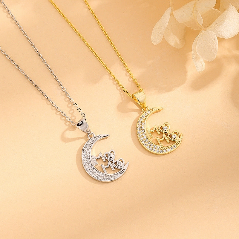 Wholesale S925 sterling silver diamond moon MAMA pendant necklace