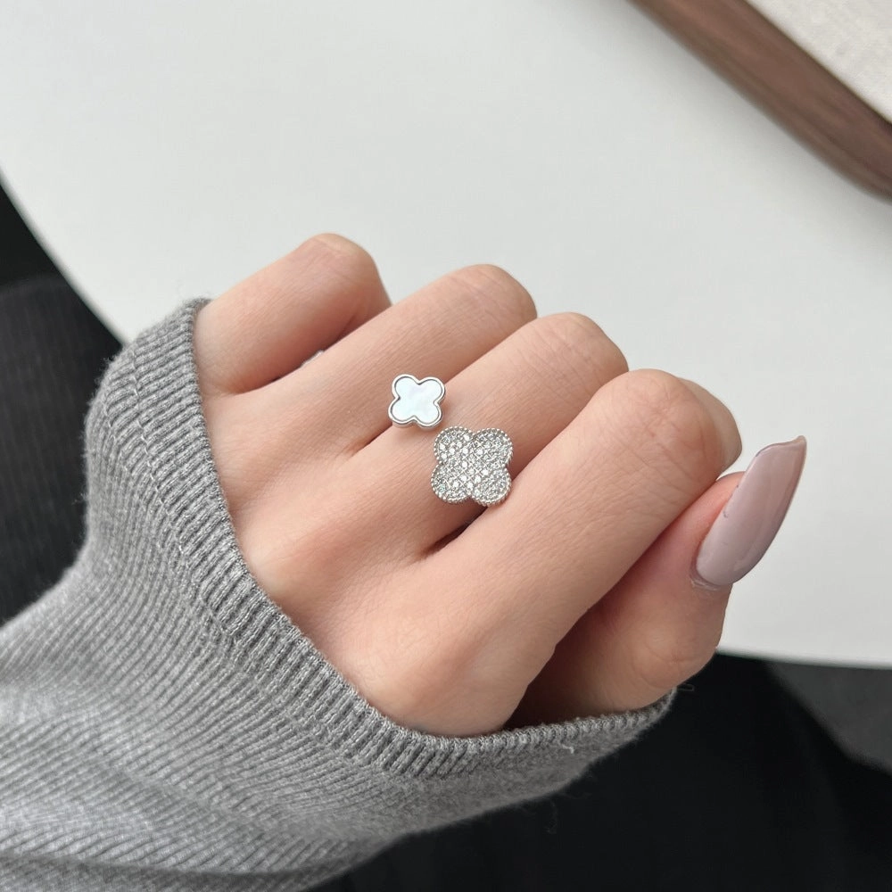 Wholesale S925 Sterling Silver Four-leaf Clover Zircon Ring