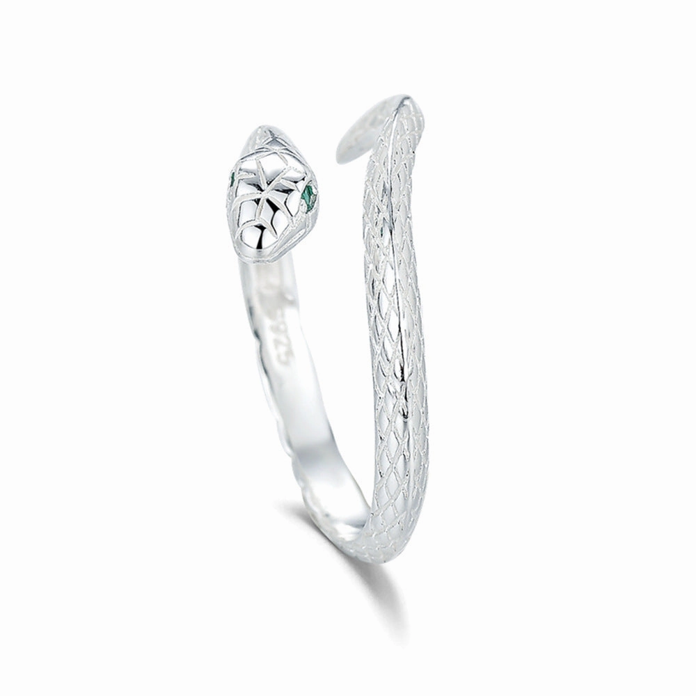 Wholesale S925 Sterling Silver Green Eye Snake Zodiac Snake Ring for Men and Women National Fashion Ethnic Style Personalized Creative All-match Open Ring