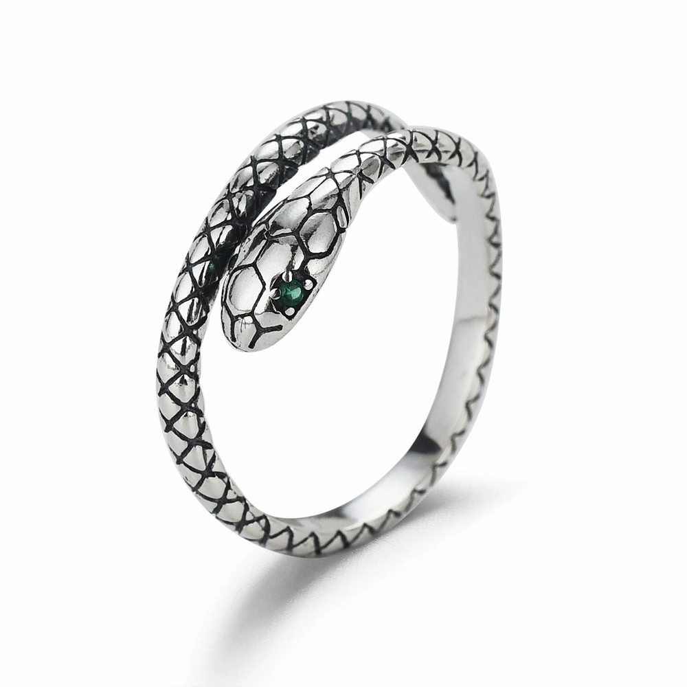 Wholesale S925 Sterling Silver Green Eye Snake Zodiac Snake Ring for Men and Women National Fashion Ethnic Style Personalized Creative All-match Open Ring