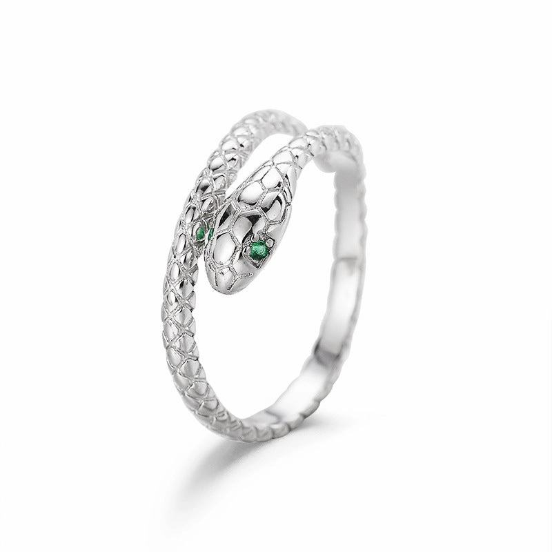 Wholesale S925 Sterling Silver Green Eye Snake Zodiac Snake Ring for Men and Women National Fashion Ethnic Style Personalized Creative All-match Open Ring