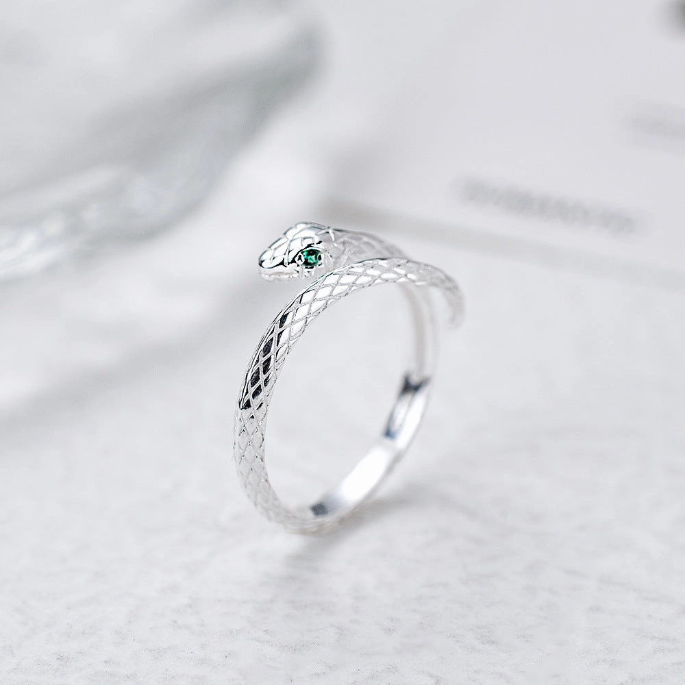 Wholesale S925 Sterling Silver Green Eye Snake Zodiac Snake Ring for Men and Women National Fashion Ethnic Style Personalized Creative All-match Open Ring