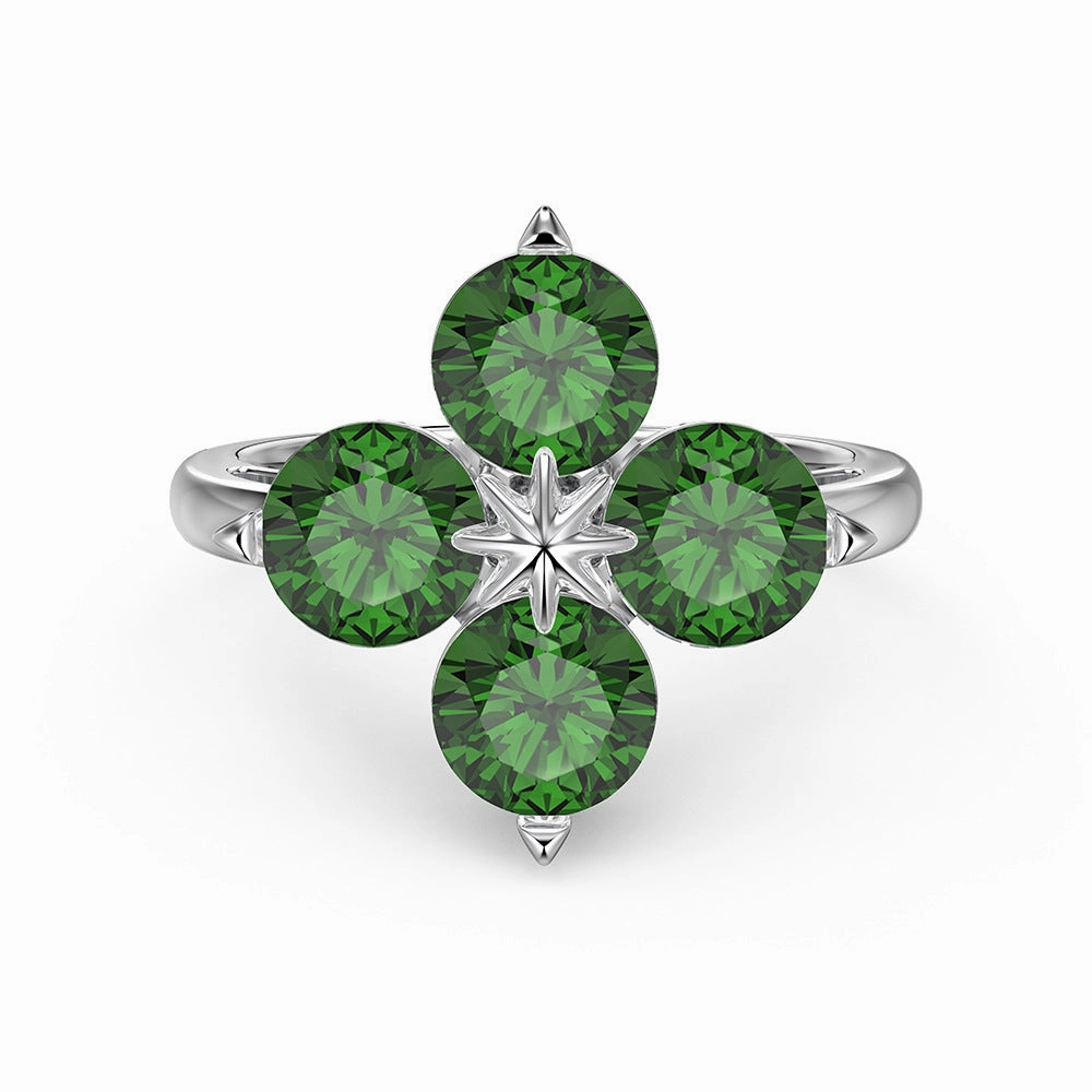 Wholesale S925 Sterling Silver Green Four-leaf Clover Zircon Inlaid Ring