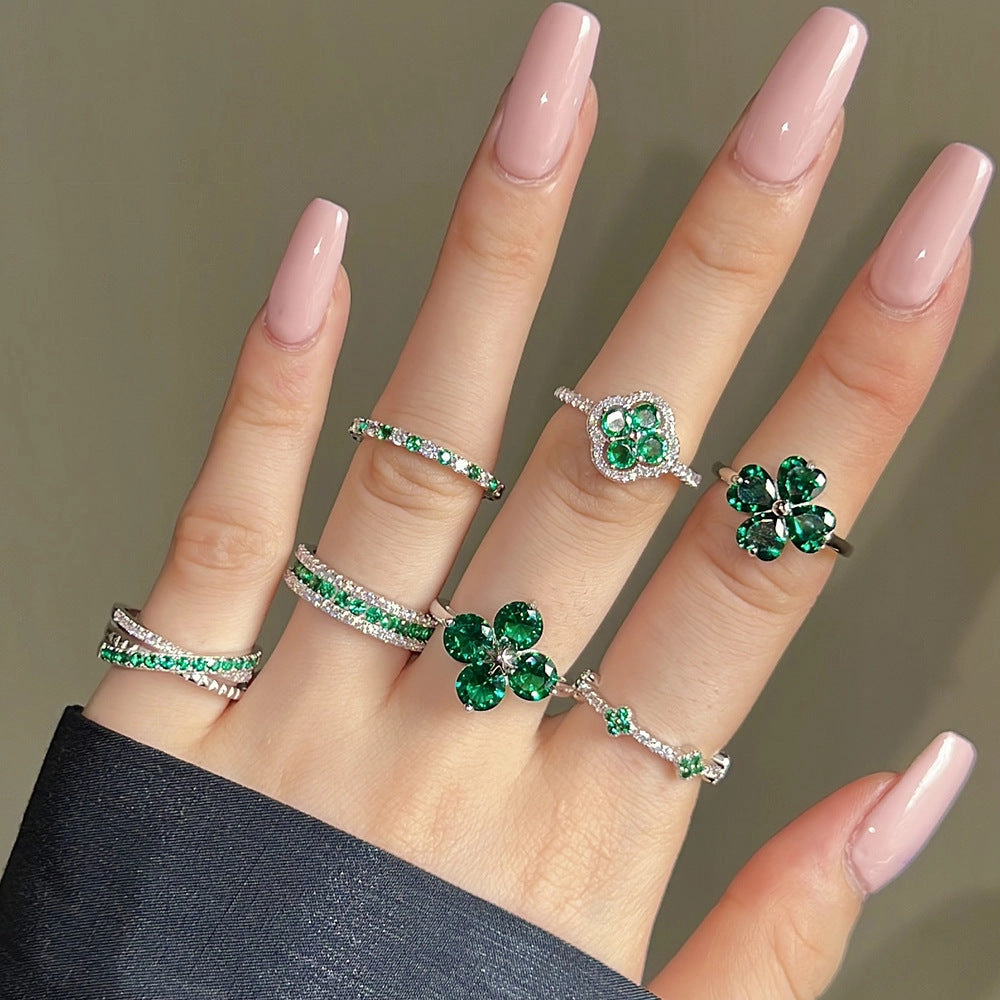 Wholesale S925 Sterling Silver Green Four-leaf Clover Zircon Inlaid Ring