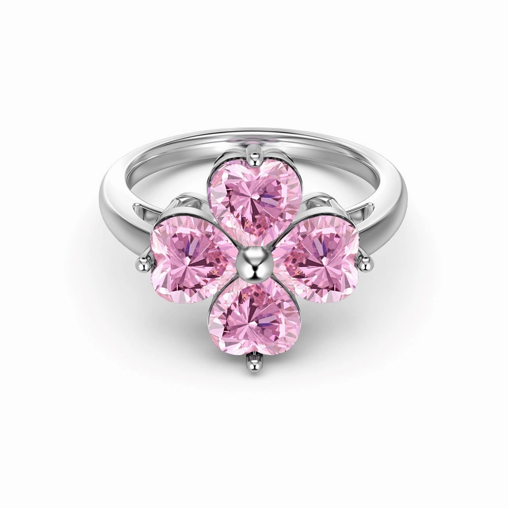 Wholesale S925 Sterling Silver Lucky Four-leaf Clover Bow Heart Pink Ring