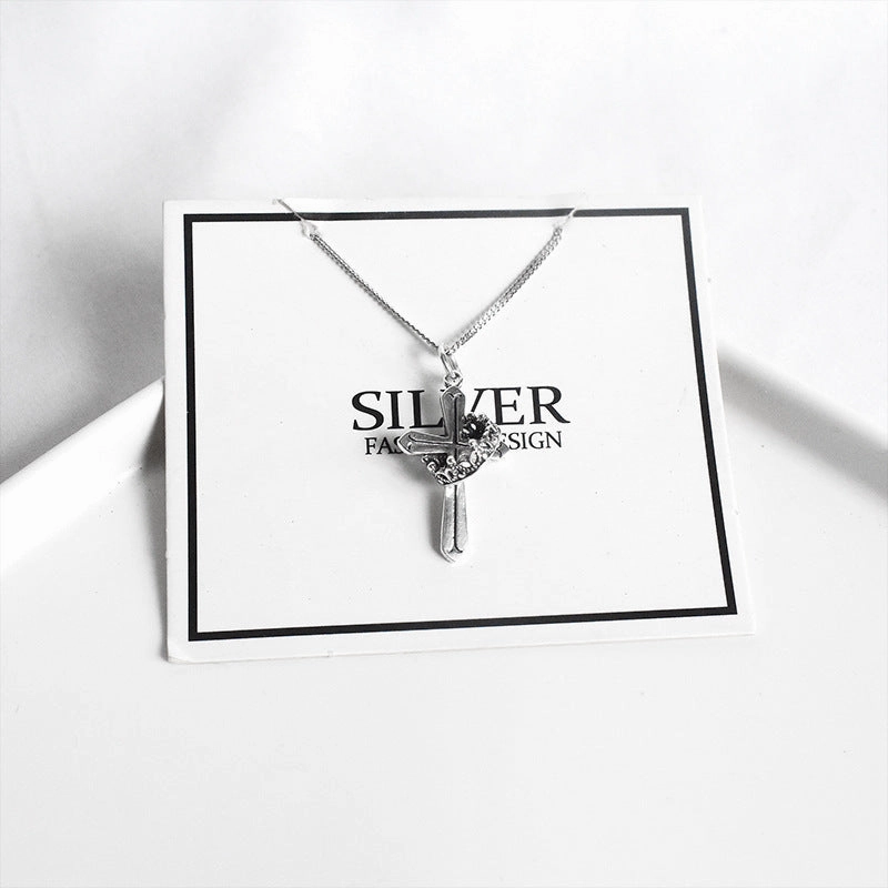 Wholesale S925 Sterling Silver Re-done Crown Cross Collarbone Necklace