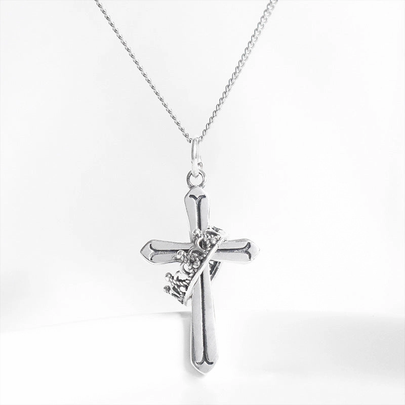 Wholesale S925 Sterling Silver Re-done Crown Cross Collarbone Necklace