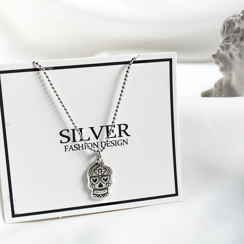 Wholesale S925 Sterling Silver Retro Hipster Skull Clavicle Necklace