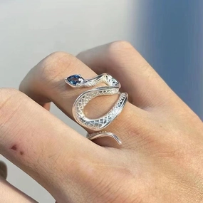 Wholesale sea blue topaz snake open ring creative niche design high sense ins cold wind ring