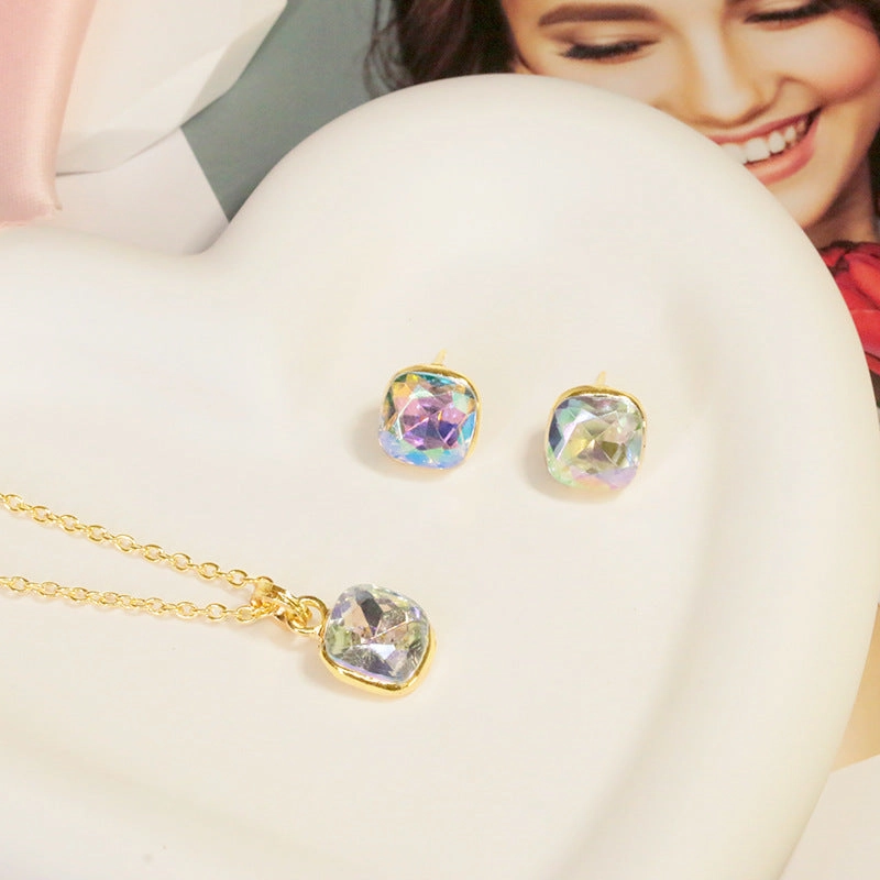 Wholesale Seven Colored Square Diamond Alloy Earrings Jewelry Set