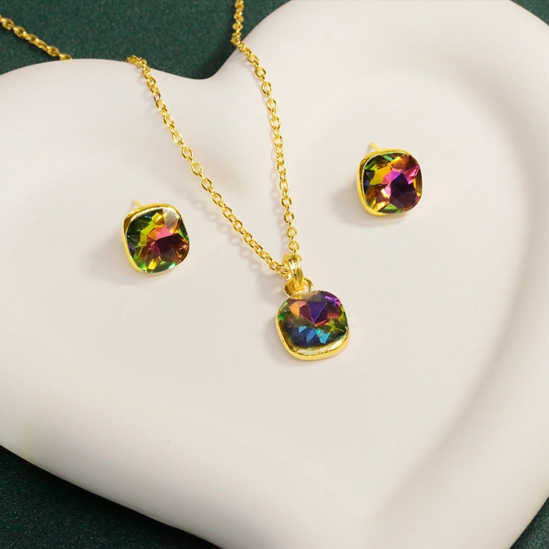 Wholesale Seven Colored Square Diamond Alloy Earrings Jewelry Set