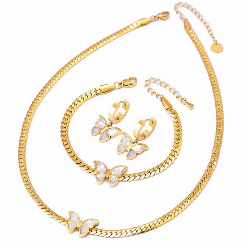 Wholesale Shell Butterfly Clavicle Chain Bracelet Short Gold Earrings Necklace Set
