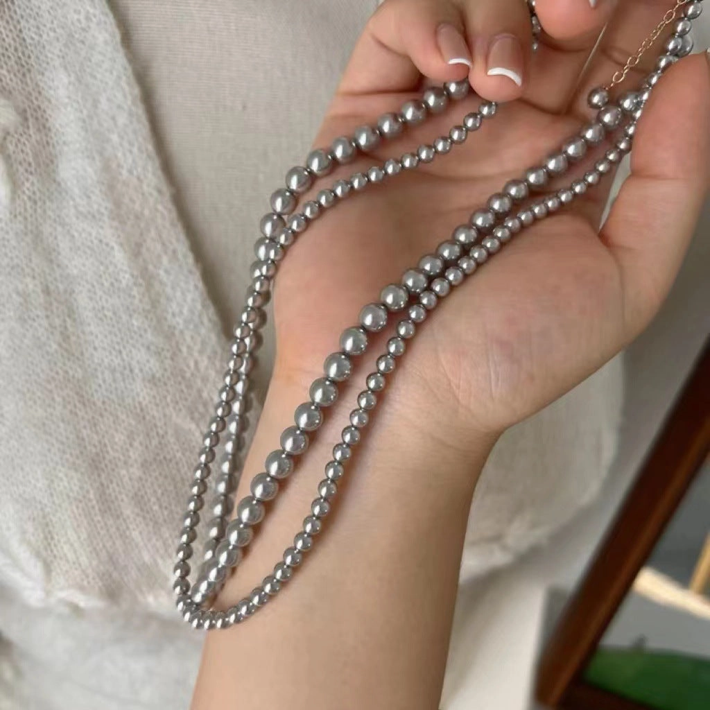 Wholesale Silver Grey Round Pearl Sweater Necklace