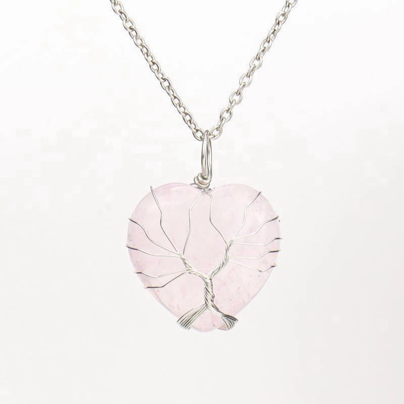 Wholesale Silver Hand-wound Heart Natural Stone Rose Quartz Tree of Life Necklace