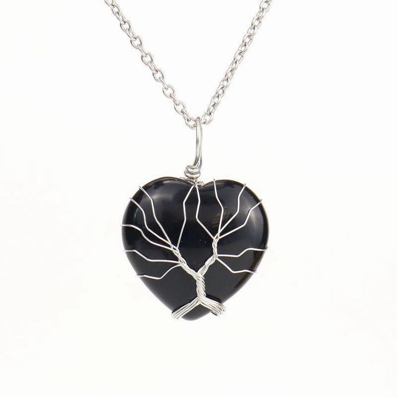 Wholesale Silver Hand-wound Heart Natural Stone Rose Quartz Tree of Life Necklace