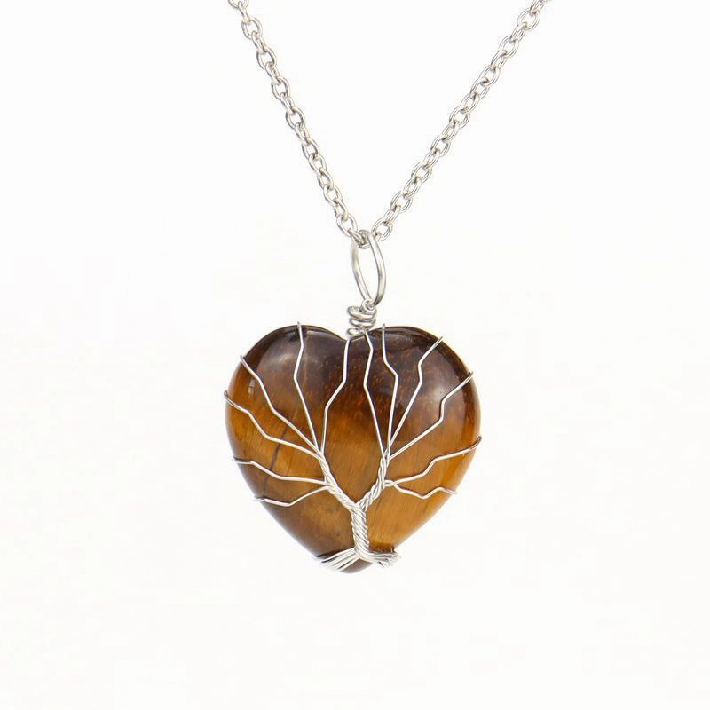 Wholesale Silver Hand-wound Heart Natural Stone Rose Quartz Tree of Life Necklace