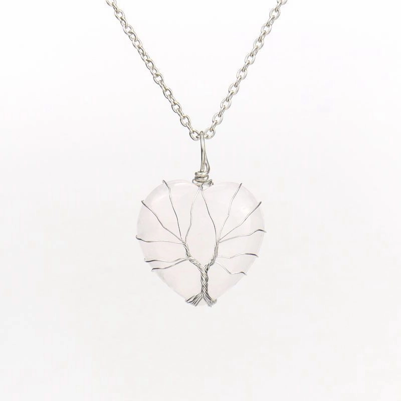 Wholesale Silver Hand-wound Heart Natural Stone Rose Quartz Tree of Life Necklace