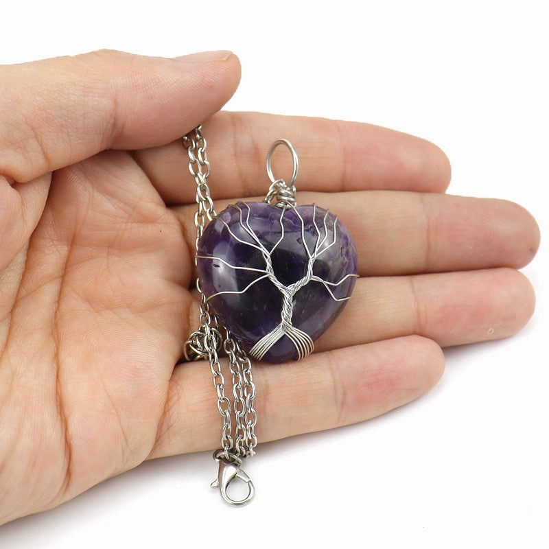 Wholesale Silver Hand-wound Heart Natural Stone Rose Quartz Tree of Life Necklace