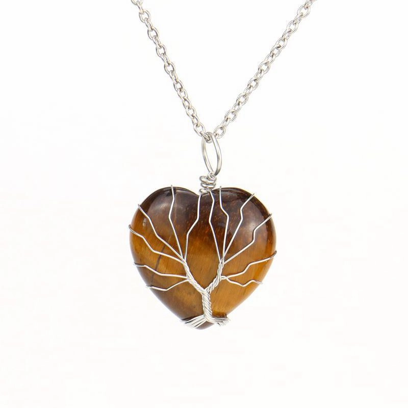 Wholesale Silver Hand-wound Heart Natural Stone Rose Quartz Tree of Life Necklace