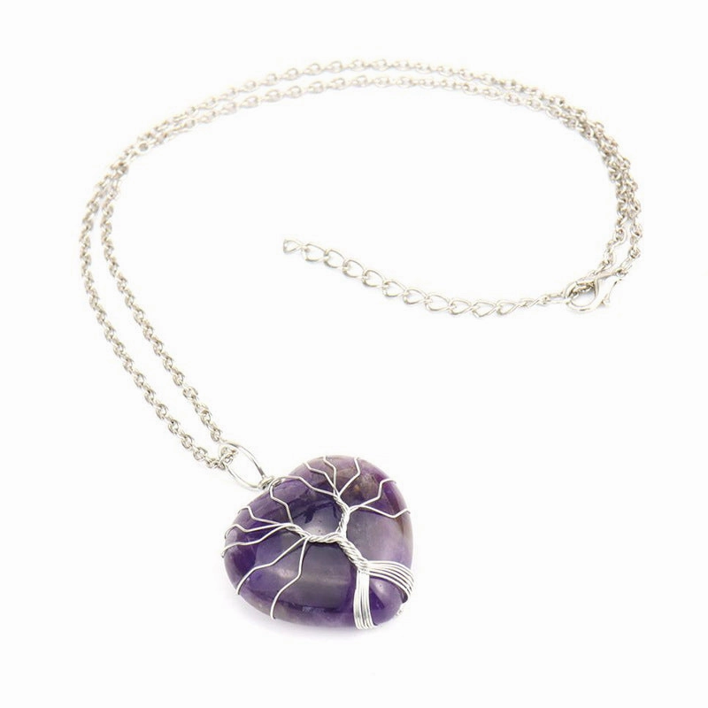 Wholesale Silver Hand-wound Heart Natural Stone Rose Quartz Tree of Life Necklace
