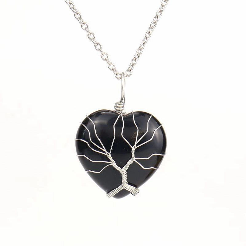 Wholesale Silver Hand-wound Heart Natural Stone Rose Quartz Tree of Life Necklace