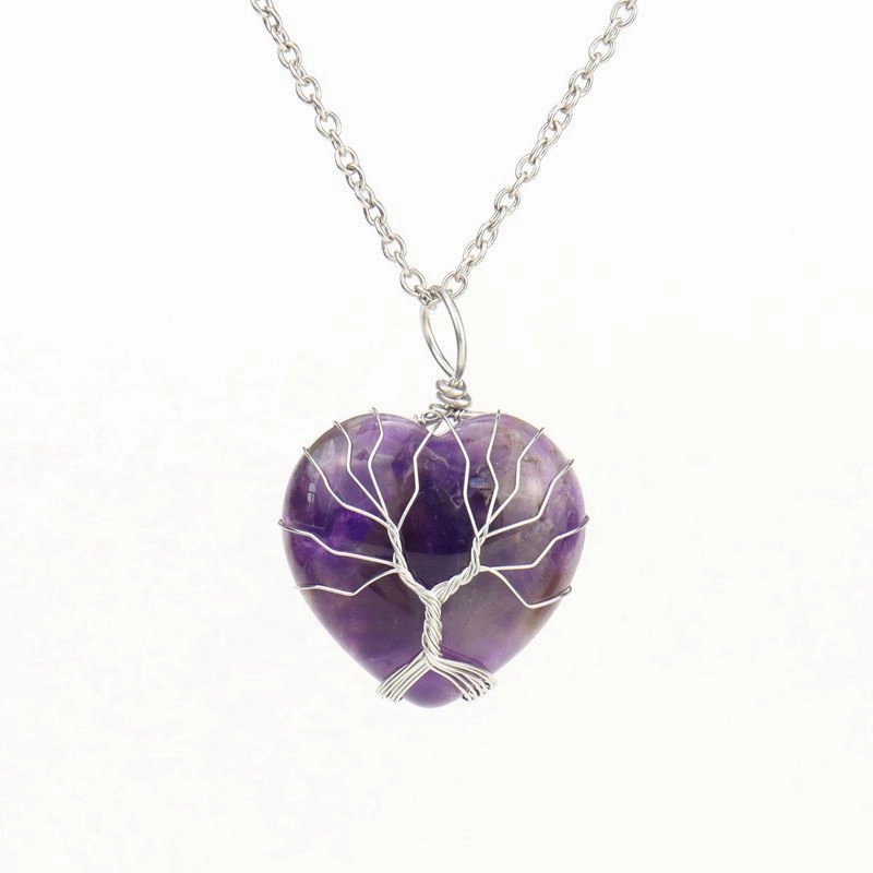 Wholesale Silver Hand-wound Heart Natural Stone Rose Quartz Tree of Life Necklace
