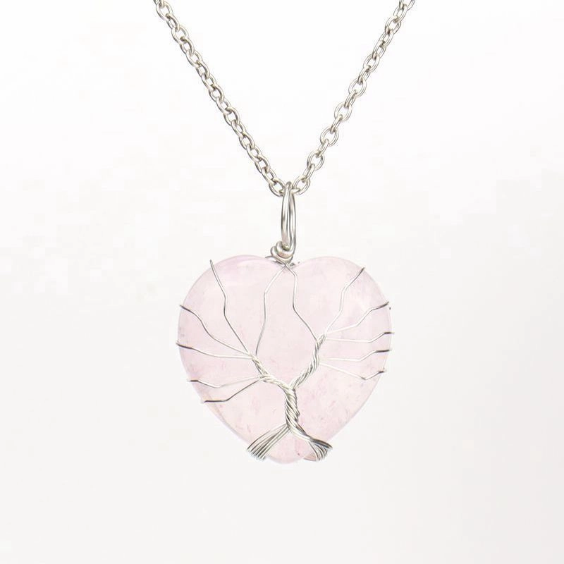 Wholesale Silver Hand-wound Heart Natural Stone Rose Quartz Tree of Life Necklace