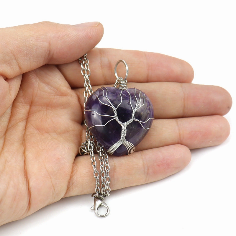 Wholesale Silver Hand-wound Heart Natural Stone Rose Quartz Tree of Life Necklace