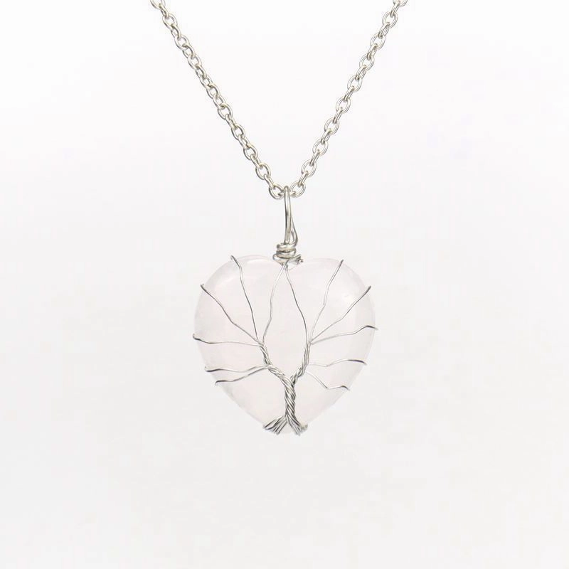 Wholesale Silver Hand-wound Heart Natural Stone Rose Quartz Tree of Life Necklace