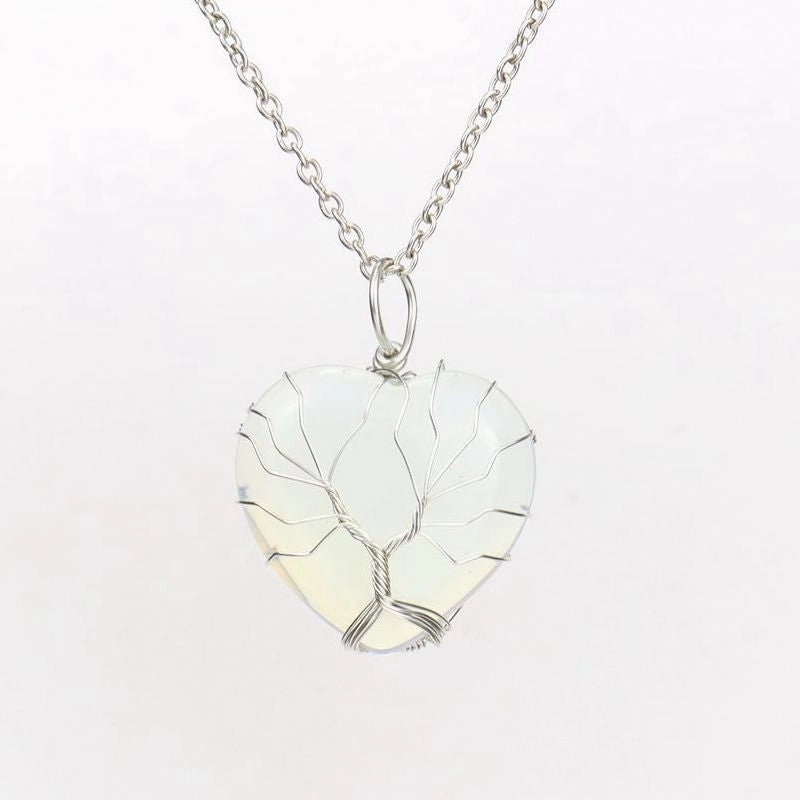 Wholesale Silver Hand-wound Heart Natural Stone Rose Quartz Tree of Life Necklace