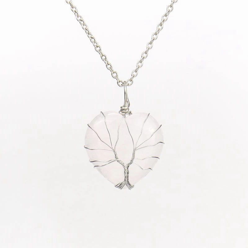 Wholesale Silver Hand-wound Heart Natural Stone Rose Quartz Tree of Life Necklace