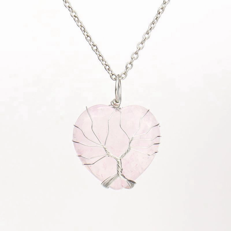 Wholesale Silver Hand-wound Heart Natural Stone Rose Quartz Tree of Life Necklace