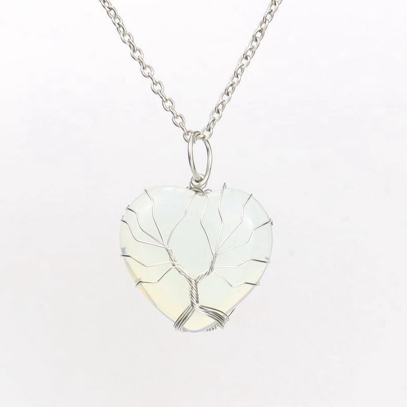 Wholesale Silver Hand-wound Heart Natural Stone Rose Quartz Tree of Life Necklace